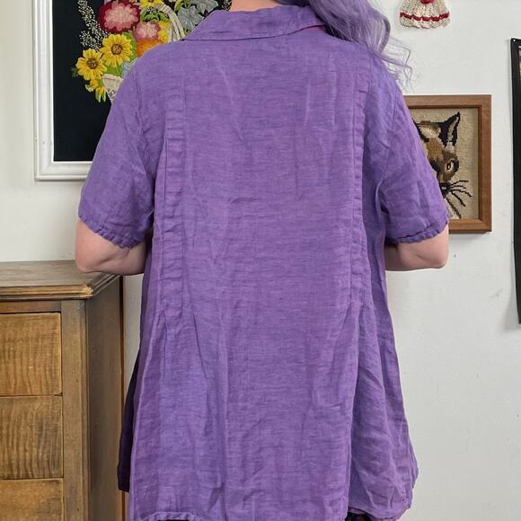 Flax (Jeanne Engelhart) Purple Linen Blouse, Swingy Short Sleeve Lavender Top L - Picture 7 of 10